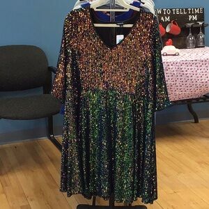 Torrid Multicolored Fit and Flare Dress with 3/4 Bell Sleeves